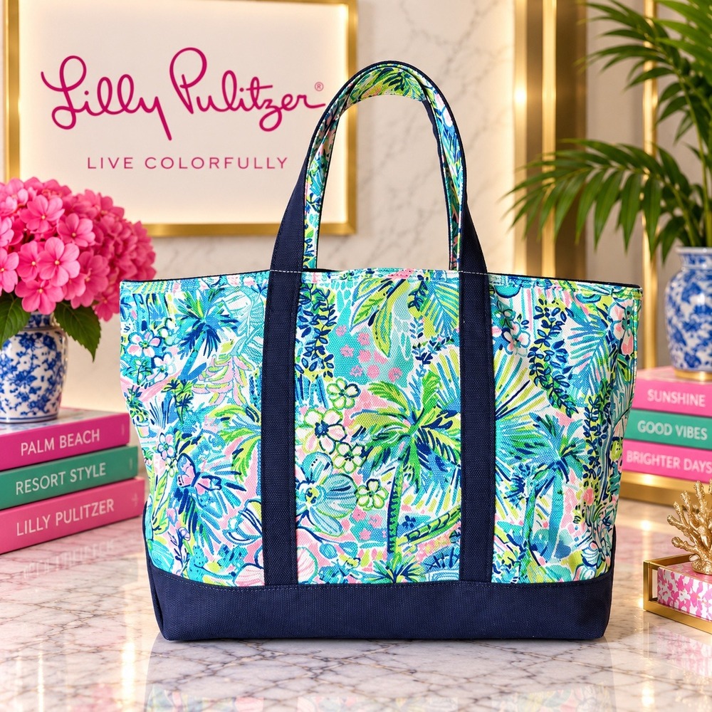 Lilly Pulitzer Mercato Tote Bag Canvas Blue Green Tropical Floral